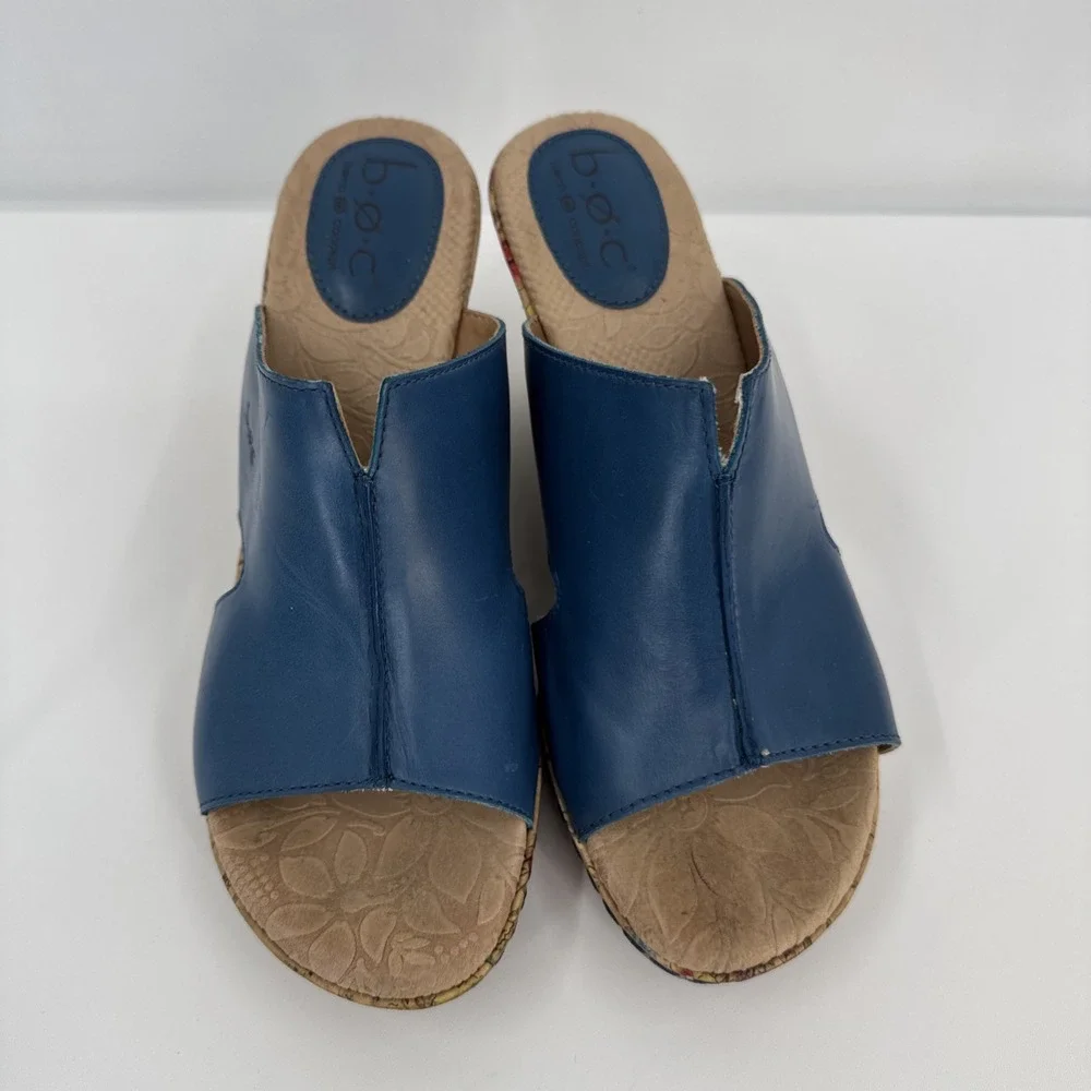 Born Casaba C34104 Blue Leather Floral Slip Womens Cork Wedge - Size 8M - Picture 3 of 11